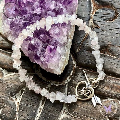 Rose Quartz Chip Bracelet with Silver Heart Toggle Clasp